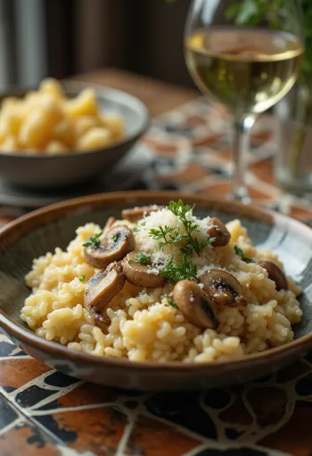 Risoto de cogumelos servido com ervas frescas e queijo parmesão