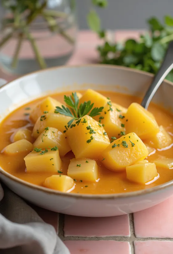 Főzelék de batata clássico com espessante de natas e decorado com salsa fresca.