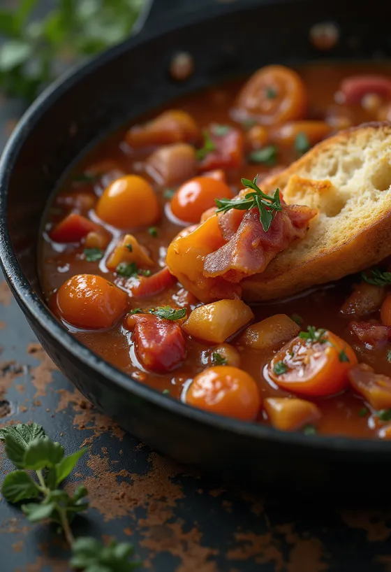 Lecsó servido com pimento fresco, tomate e salsicha fumada