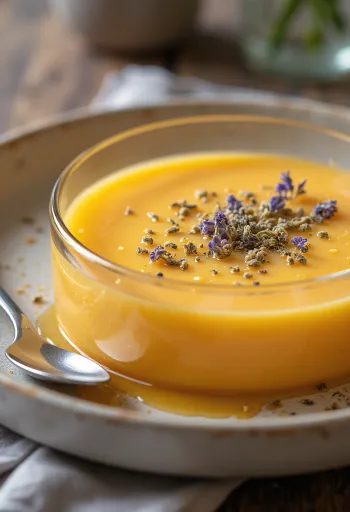 Sopa fria de meloa com lavanda servida