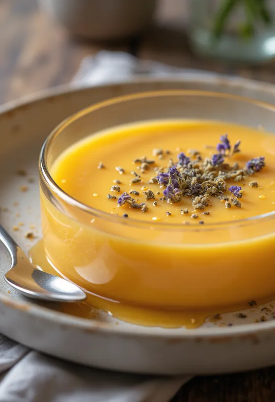Sopa fria de meloa com lavanda servida