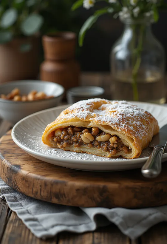 Strudel de papoila e noz servido