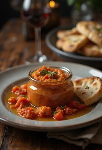 Matbucha com pimentos assados, servido com coentros frescos, prato delicioso num prato branco