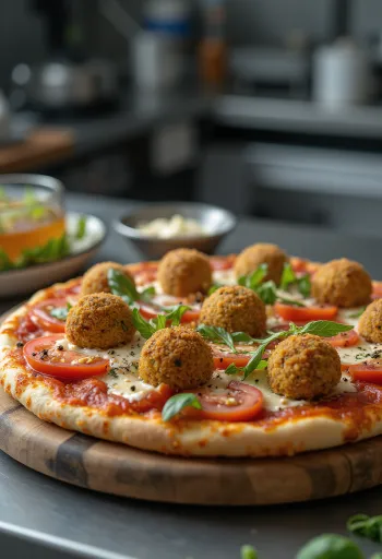 Pizza de falafel com bolinhos de grão-de-bico fritos e molho tahini