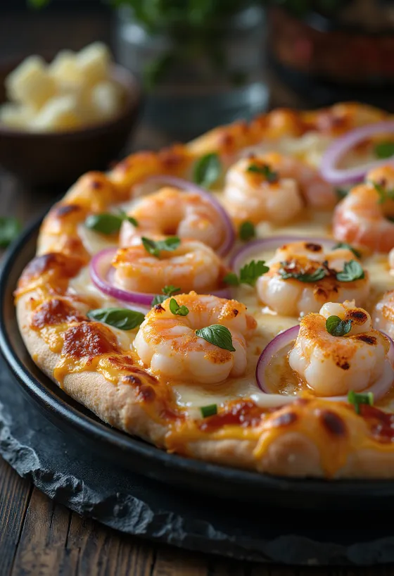 Pizza estilo sueco com camarão