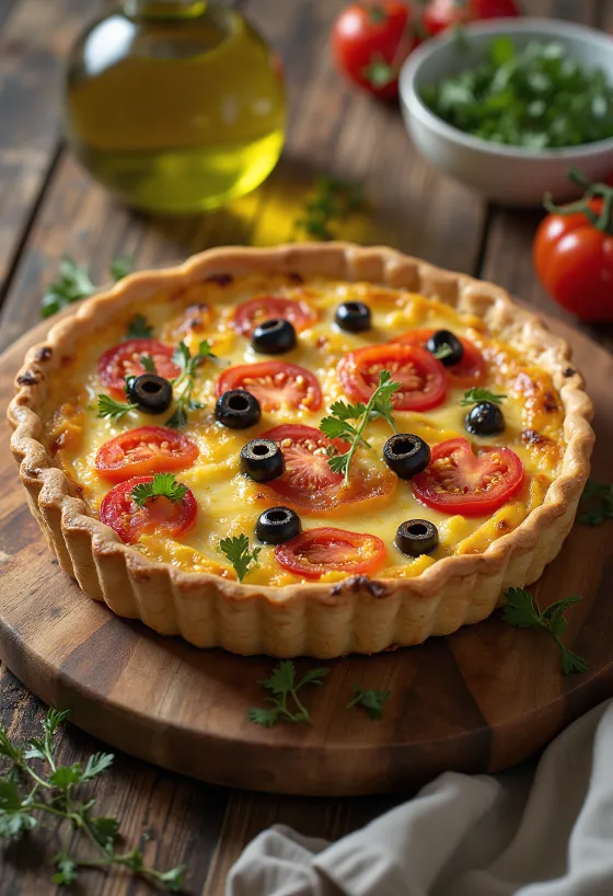 Quiche provençale servida com manjericão