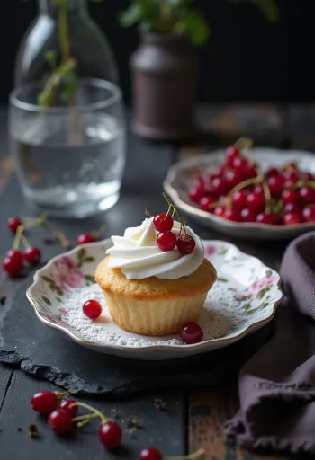 Muffins com cobertura de creme branco e cachos de groselha vermelha