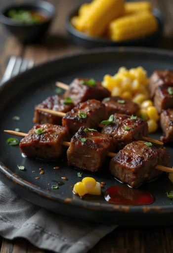 Anticuchos espetadas de coração de vaca peruanas servidas