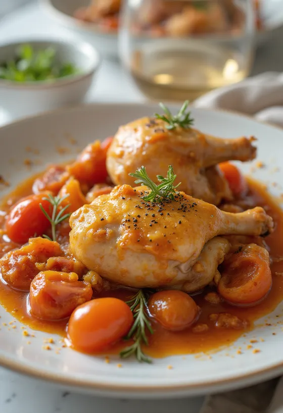 Cacciatore com vinho branco, coxas de frango com molho de tomate rico