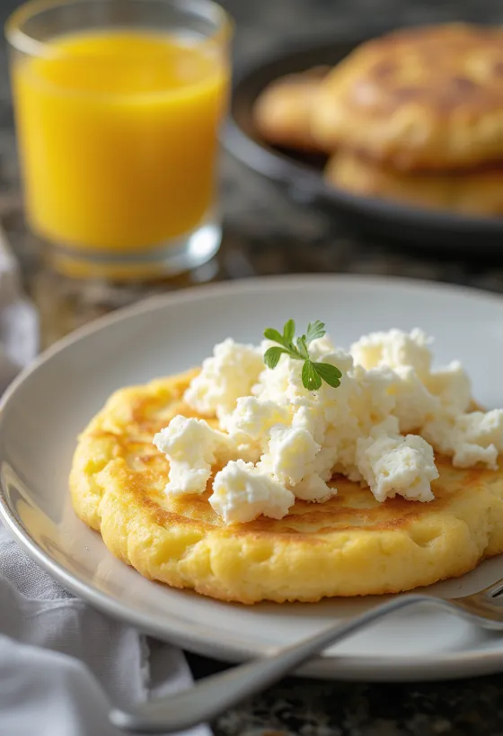 Crumpet com queijo quark, bolos dourados e macios