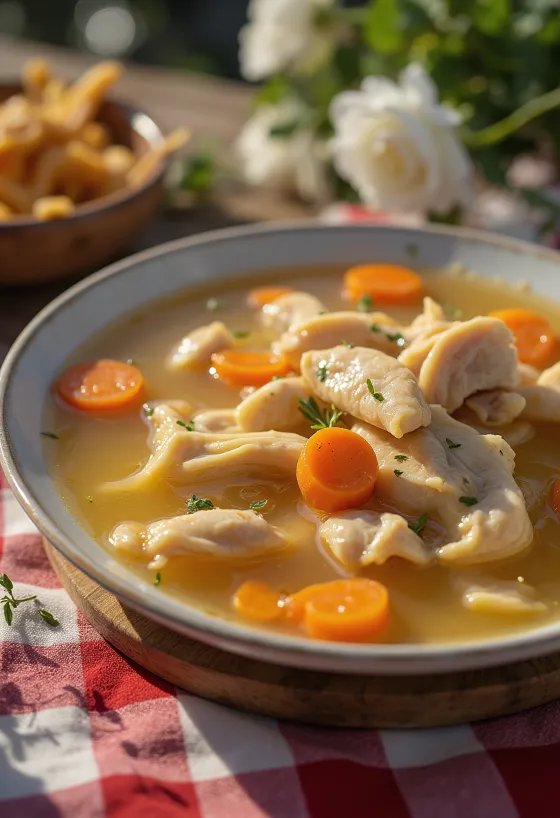 Sopa de galinha quente com legumes e massa fina