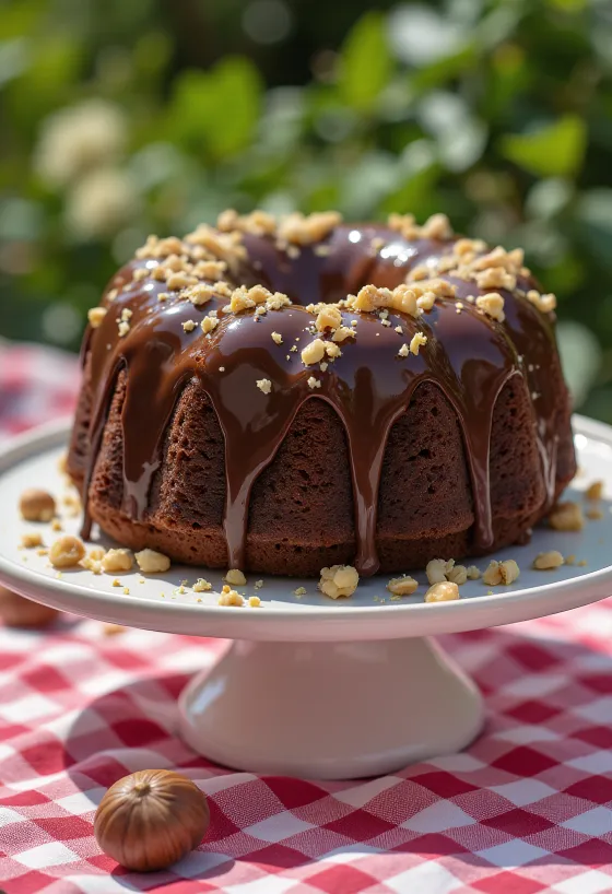 Bolo trufa de chocolate e avelã fatiado e servido