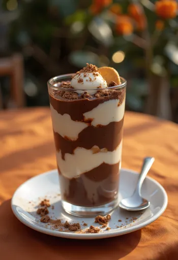 Creme de chocolate em copo em camadas, decorado com raspas de chocolate