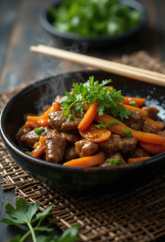 Carne de vaca com gengibre no wok servida com legumes