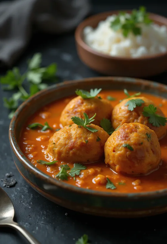 Lauki Kofta Curry, servido com bolas de cabaça e coentros frescos