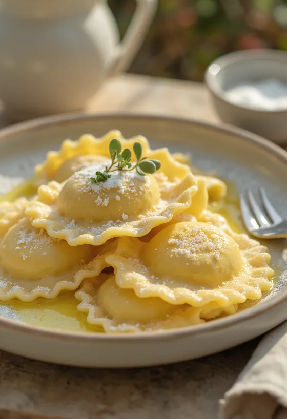 Ravioli de requeijão e sementes de papoila servido com açúcar em pó