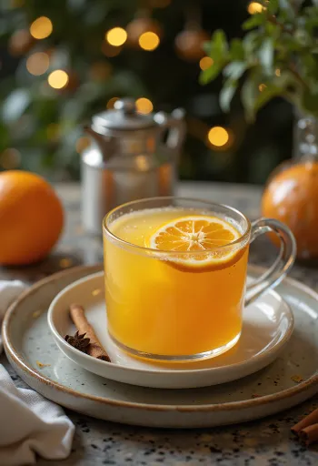 Bebida quente clara com rodelas de laranja e flor de sabugueiro