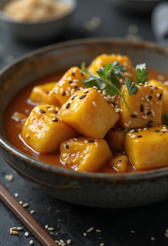 Estufado de beringela com sésamo servido