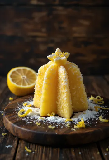 Bolo pandoro de limão polvilhado com açúcar em pó, servido fatiado
