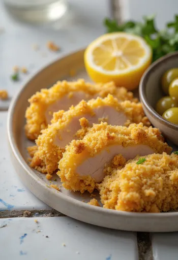 Costeleta panada frita até dourar, com panado crocante e servida com fatias de limão fresco