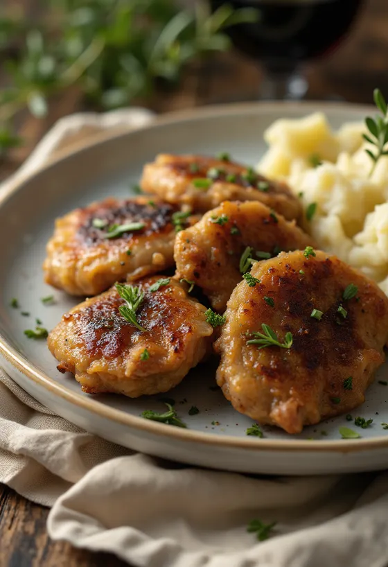 Fígado de frango frito até ficar crocante, servido com pão fresco e cebola roxa