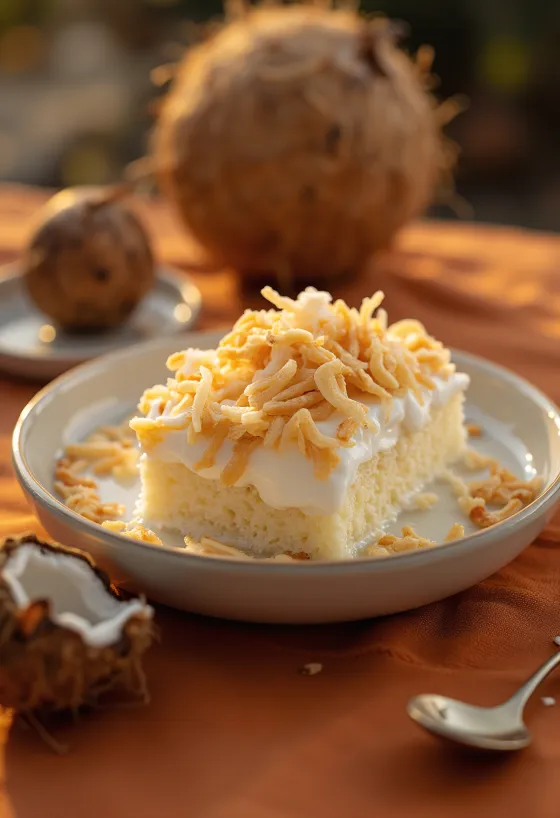Três leites com coco ralado, pão de ló embebido em leite num prato branco