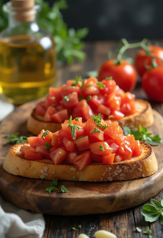 Bruschetta vegan com tomate servida