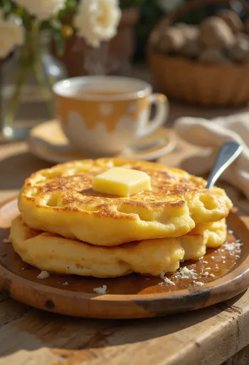 Crumpet com manteiga, bolos dourados e macios