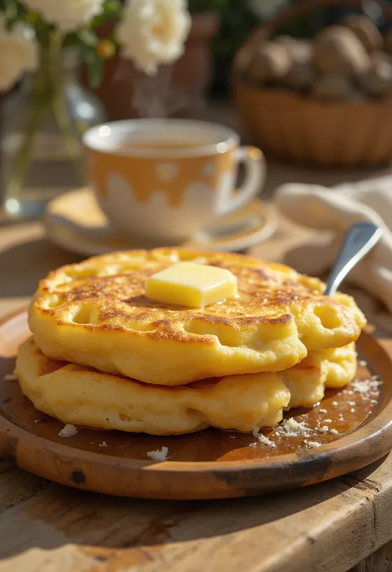 Crumpet com manteiga, bolos dourados e macios