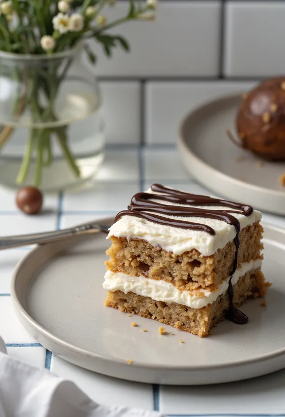 Bolo de castanha sem açúcar com creme de mascarpone e chocolate preto
