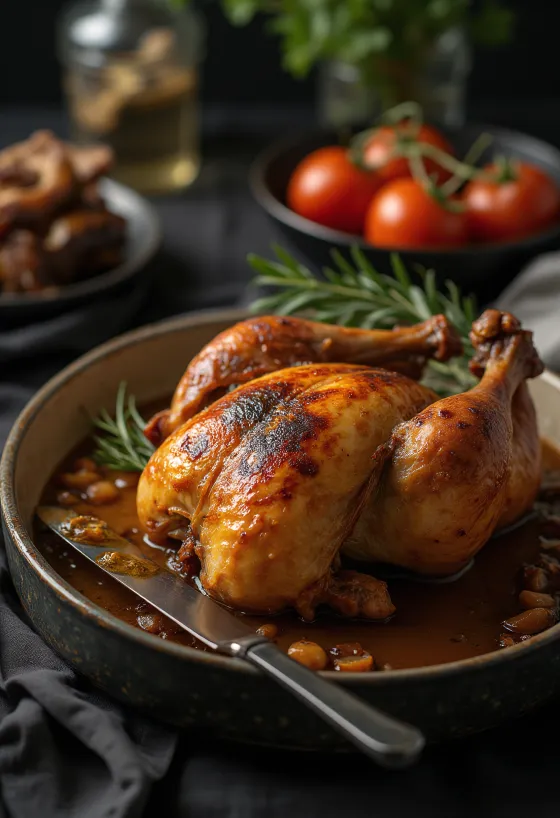 Frango assado com alecrim, frango inteiro assado dourado, polvilhado com alecrim fresco, servido de forma rústica