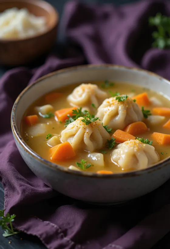 Sopa de bolinhas quente com legumes e bolinhas caseiras macias, servida num prato fundo.