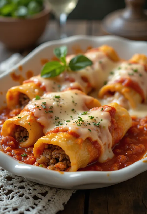 Cannelloni de carne servido com molho de tomate e queijo derretido