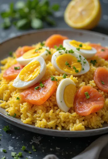 Kedgeree com salmão, prato cremoso de peixe, servido com ovos frescos