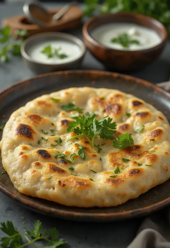 Lauki paratha, pão achatado recheado com cabaça, servido com coentros frescos