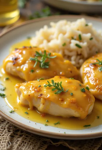 Peito de frango suculento com mel e mostarda, assado até ficar crocante, servido com vegetais frescos.