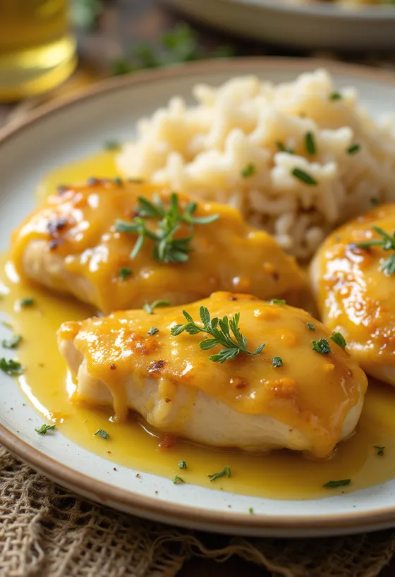 Peito de frango suculento com mel e mostarda, assado até ficar crocante, servido com vegetais frescos.