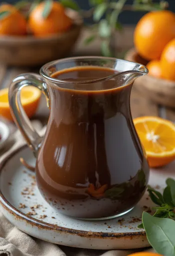 Molho de chocolate escuro com laranja numa molheira