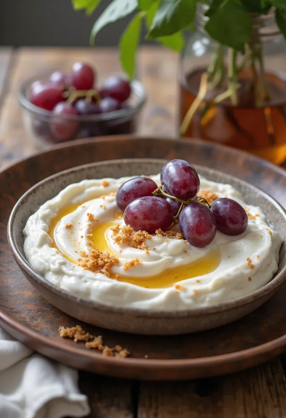 Iogurte probiótico com especiarias e uvas, com folhas de hortelã fresca