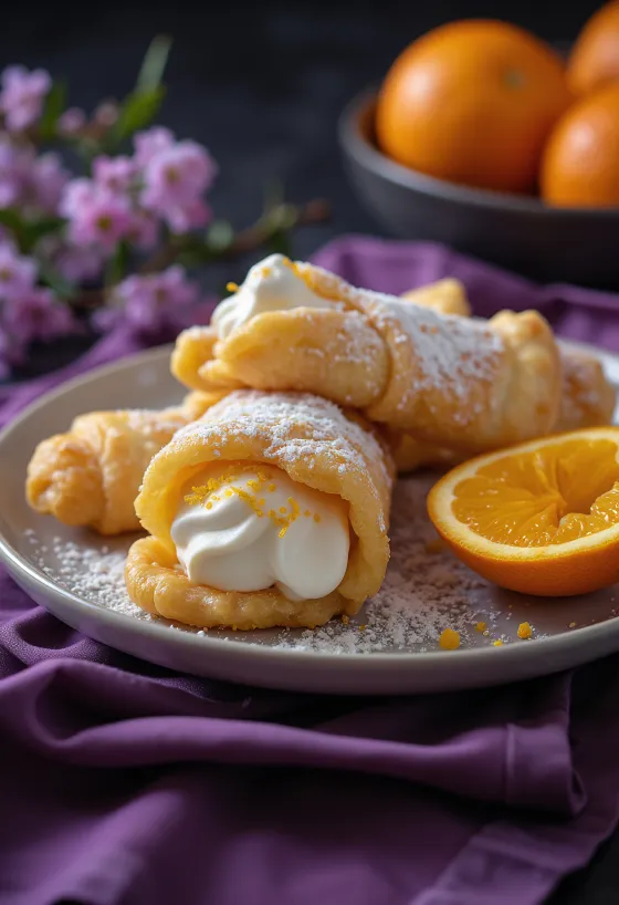 Cannoli recheado com creme de ricota aromatizado com água de flor de laranjeira, casca crocante