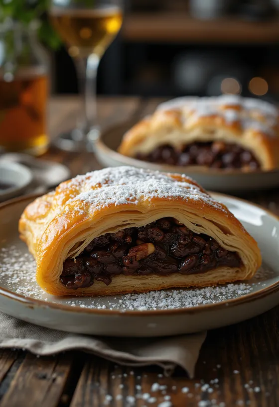 Strudel de chocolate servido num prato