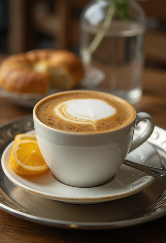 Copo de café latte polvilhado com canela e decorado com gengibre