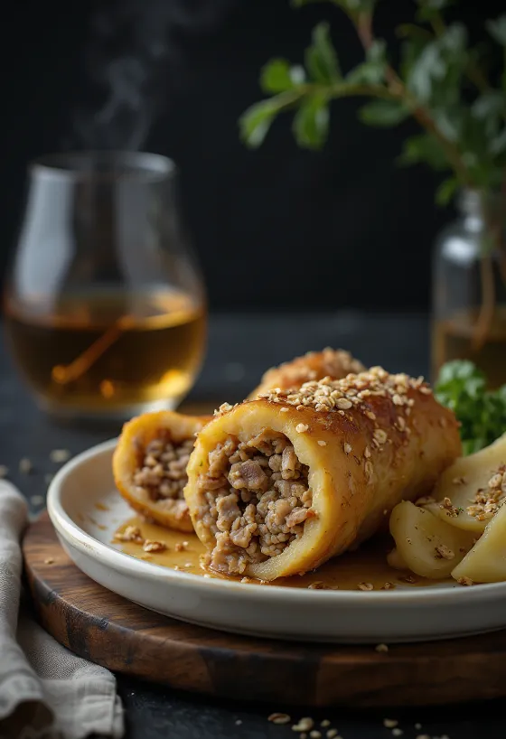 Haggis servido com batata cozida e nabo