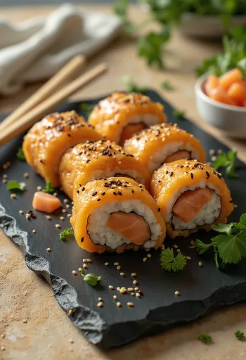 Inarizushi com salmão miso, servido com coentros frescos e sementes de sésamo