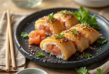 Inarizushi com salmão miso, servido com coentros frescos e sementes de sésamo