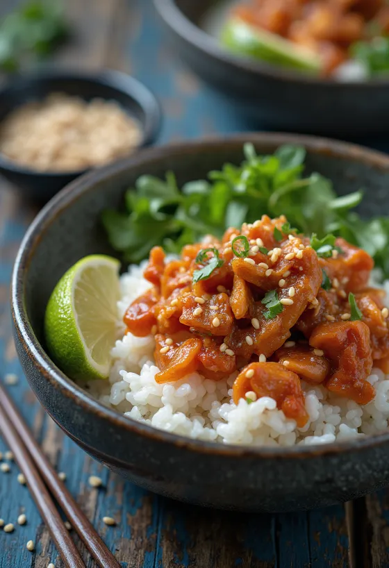 Sundae recheado com kimchi, servido com sementes de sésamo e coentros