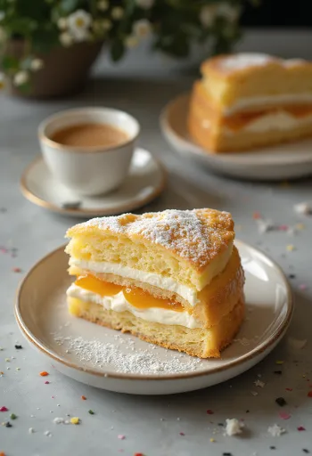 Fatias clássicas de bolo de mel e creme com folhas de mel caseiras e creme de baunilha.