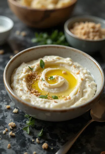 Creme de beringela com molho tahini servido