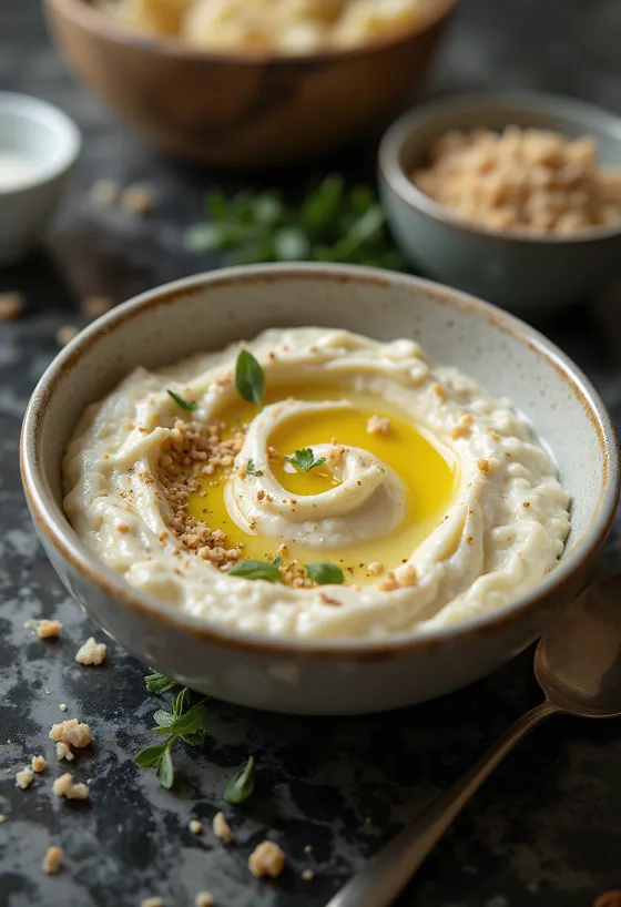 Creme de beringela com molho tahini servido