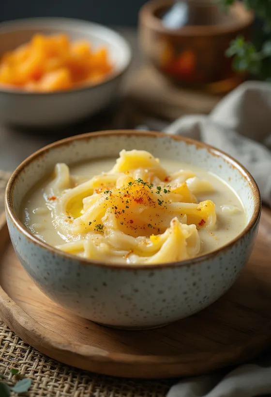 Estofado de abóbora cremoso com aneto e natas azedas, servido com pão estaladiço.